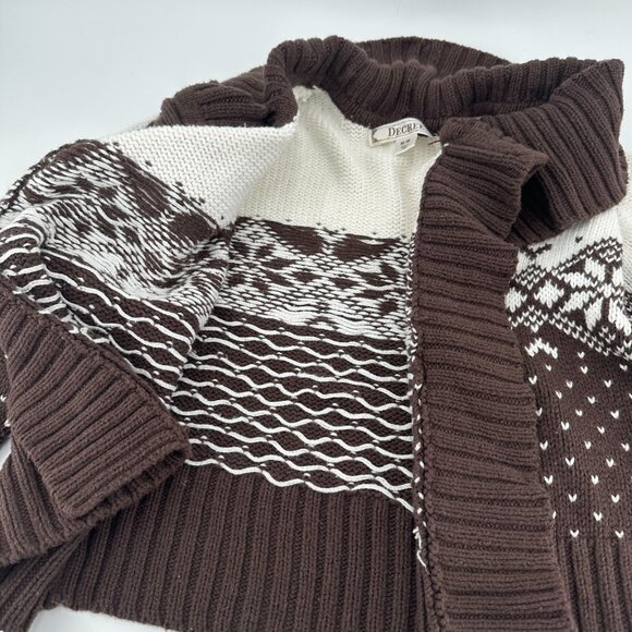 Decree Women's Brown White Fair Isle Knit Cardigan Sweater Shawl Cozy Size M - Picture 3 of 8